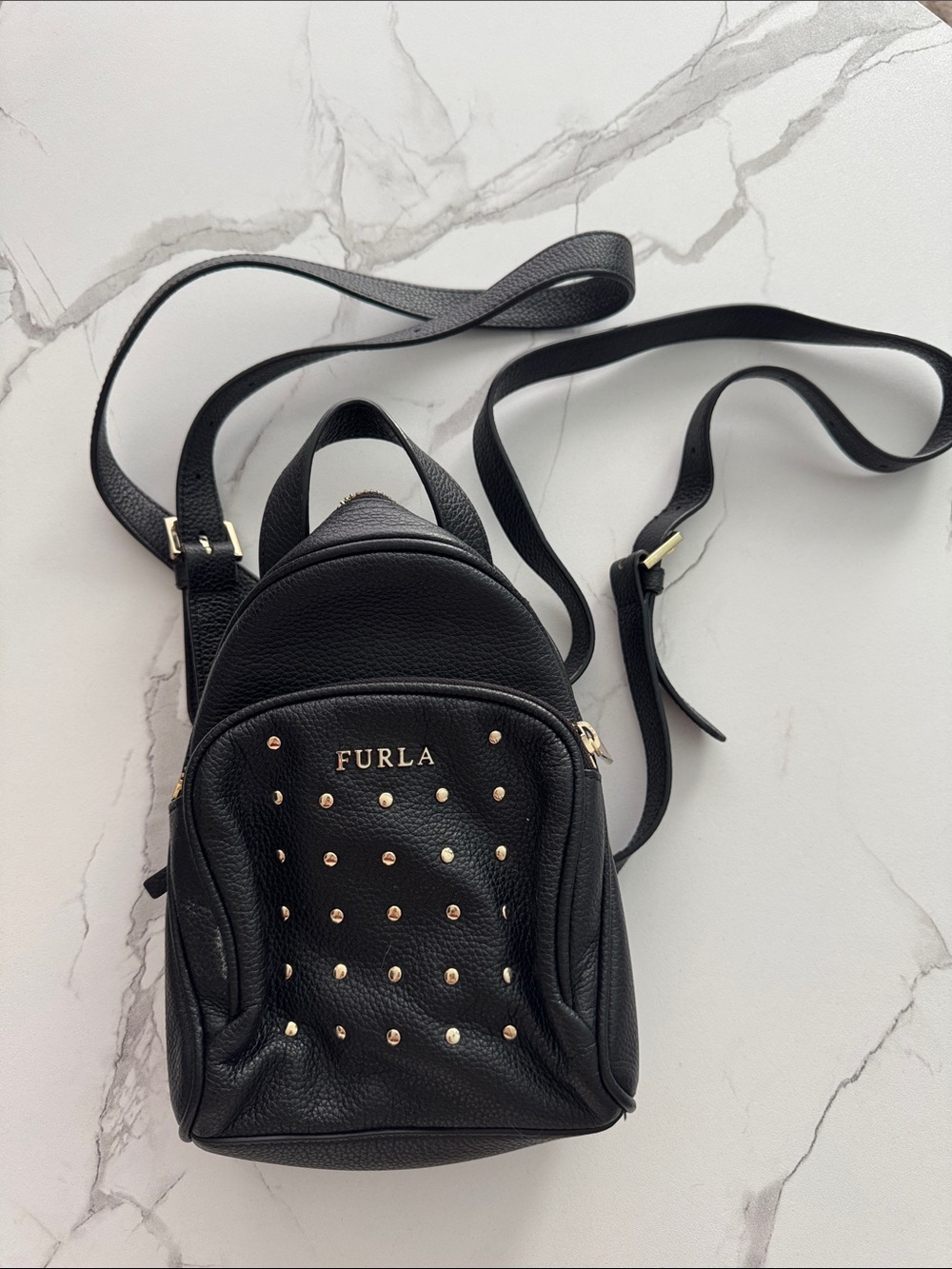 Furla Black Pebbled Leather Mini Backpack with Gold Studs